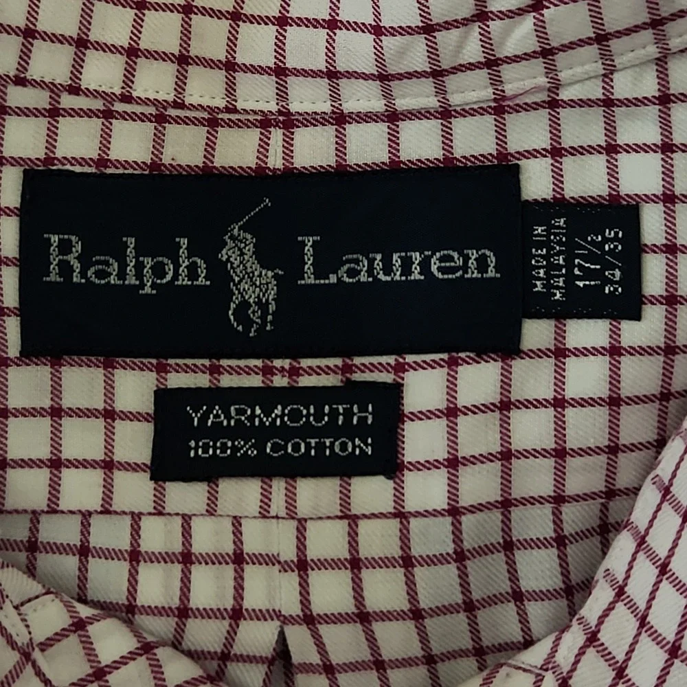 Ralph Lauren Yarmouth Shirt Mens 17.5 34/35‎ White Burgundy Check Button Down